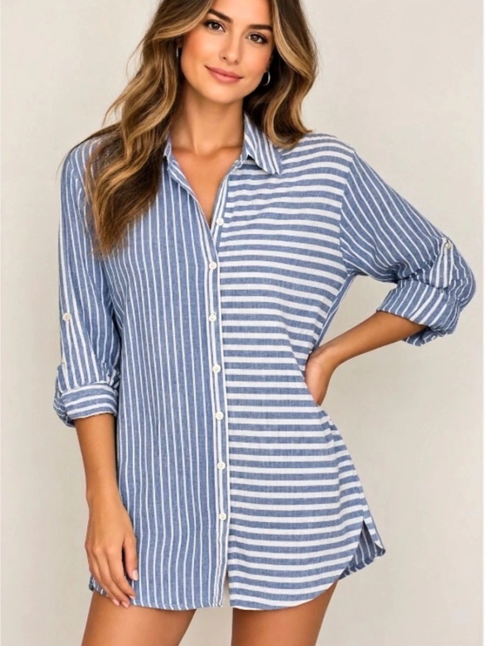 Tahari Striped Linen Blend Shirt Blue Large Like New